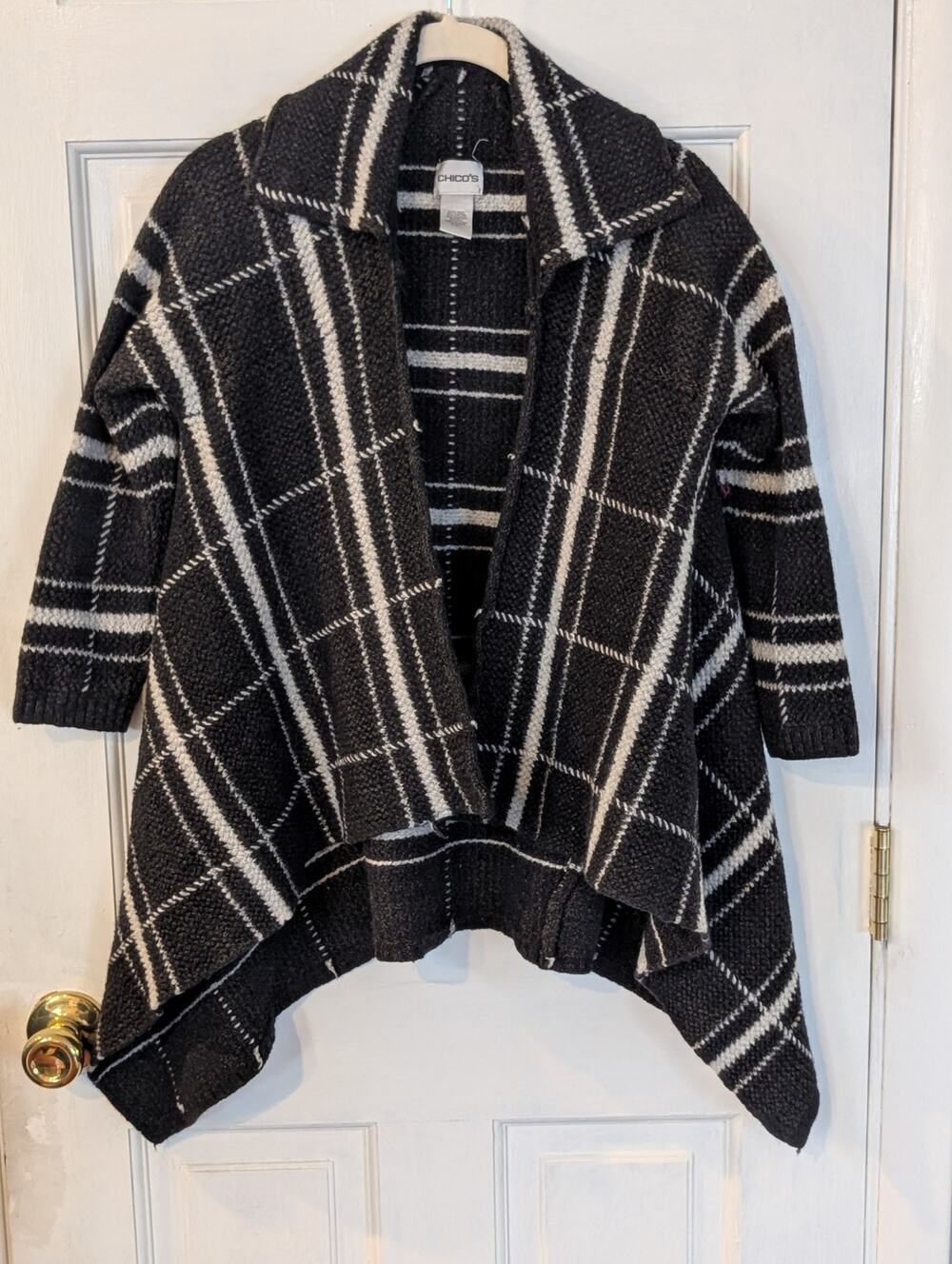 Chico's Plaid Open Front Draped Cardigan Sweater Black White Size 1 M